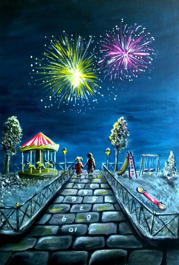 Pintura nocturna de dos niños que caminan de la mano por un empedrado con una rayuela, hacia una plaza con calesita, faroles y fuegos artificiales.