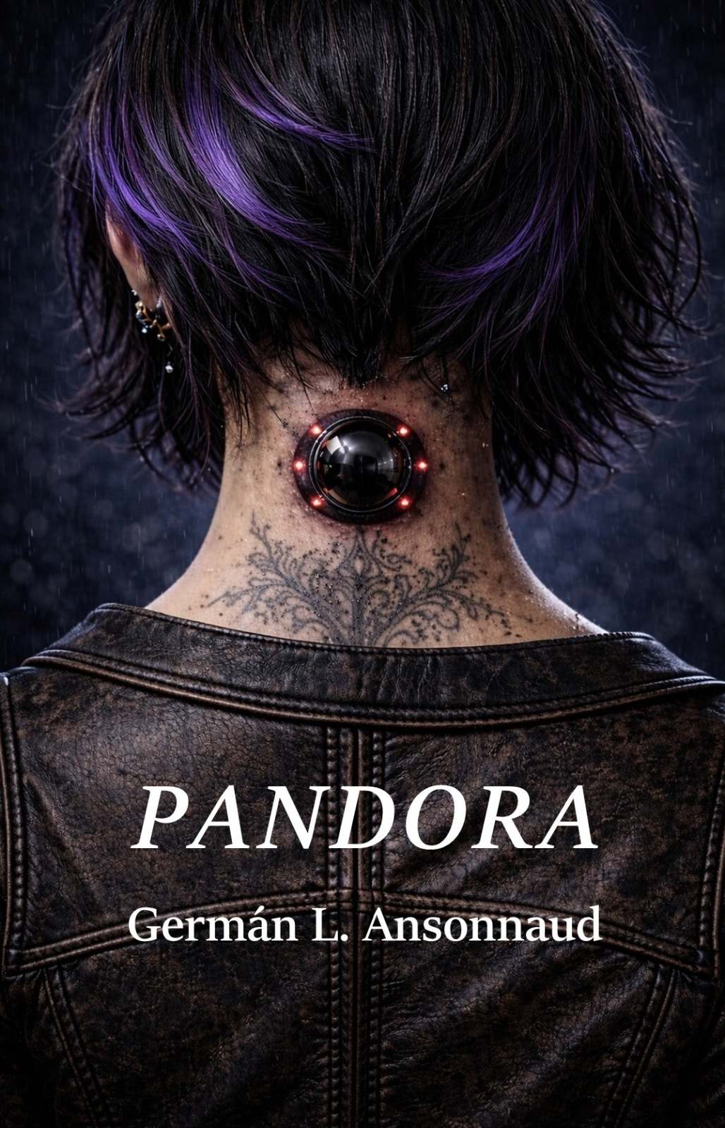 Nuca de una mujer de pelo corto con mechones violetas, un implante luminoso en el cuello y un tatuaje, con campera de cuero bajo la lluvia.