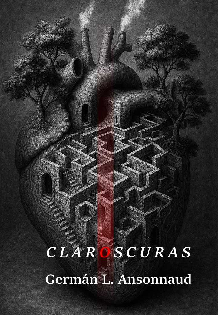 Dibujo en grafito de un corazón convertido en laberinto, con escaleras, puertas y árboles, atravesado por una banda roja vertical.
